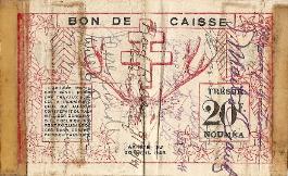 Marshall L. Windmiller Short Snorter Note #2: New Caledonia 20 Francs - Series 30 April 1942 - Serial # 040730 - back