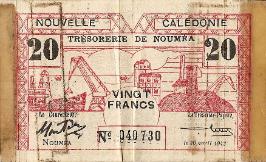 Marshall L. Windmiller Short Snorter Note #2: New Caledonia 20 Francs - Series 30 April 1942 - Serial # 040730 - front