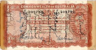 George J. Grimm Short Snorter Note #7: Australia 10 Shillings - Serial # F/50 209792 front.